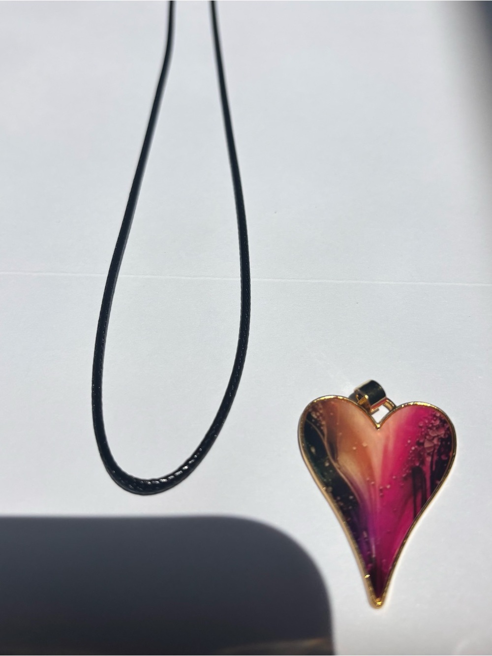 Heart Pendant Necklace in Pinks & Purple with Gold Trim- Enamel- Black Cord 19”